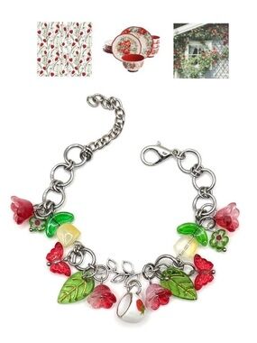 Red Floral Cottagecore Teacup Charm Bracelet